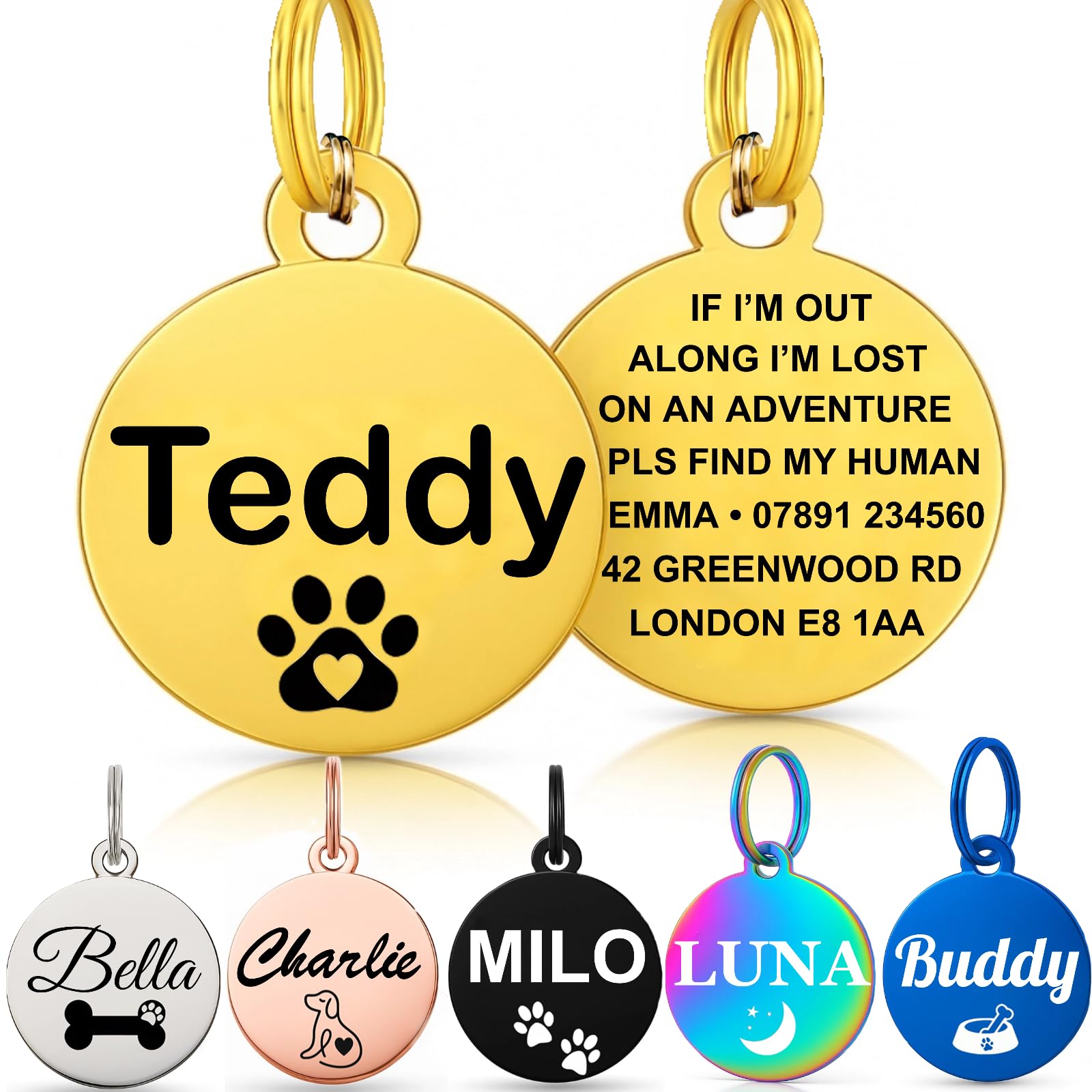 Personalised Dog Tags for Pets UK Prime, Deep Engraved Cat Dog Name ID Tags, Stainless Steel Pet Tag for Doggy Kitten Kitty Puppy, Scratch Resistant Tag (Silver Bone, L)