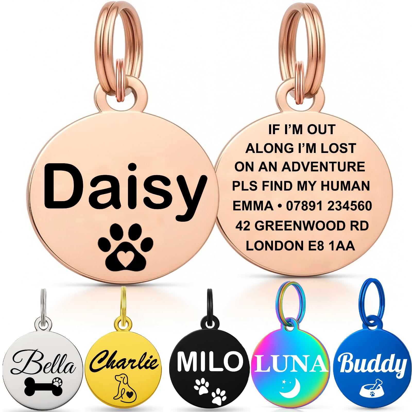Personalised Dog Tags for Pets UK Prime, Deep Engraved Cat Dog Name ID Tags, Stainless Steel Pet Tag for Doggy Kitten Kitty Puppy, Scratch Resistant Tag (Silver Bone, L)