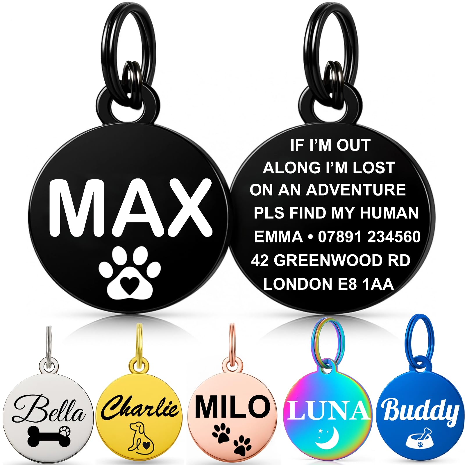Personalised Dog Tags for Pets UK Prime, Deep Engraved Cat Dog Name ID Tags, Stainless Steel Pet Tag for Doggy Kitten Kitty Puppy, Scratch Resistant Tag (Silver Bone, L)