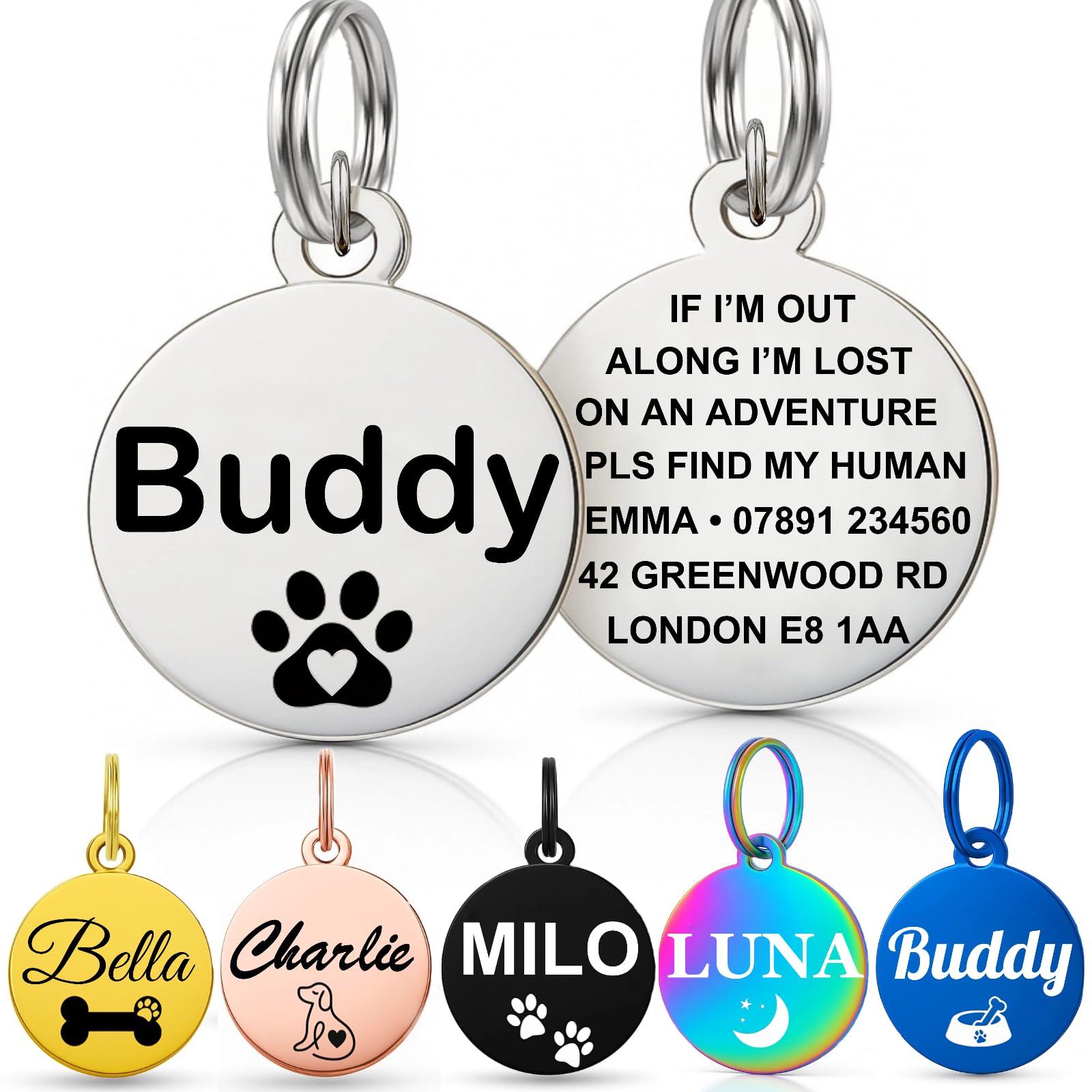 Personalised Dog Tags for Pets UK Prime, Deep Engraved Cat Dog Name ID Tags, Stainless Steel Pet Tag for Doggy Kitten Kitty Puppy, Scratch Resistant Tag (Silver Bone, L)