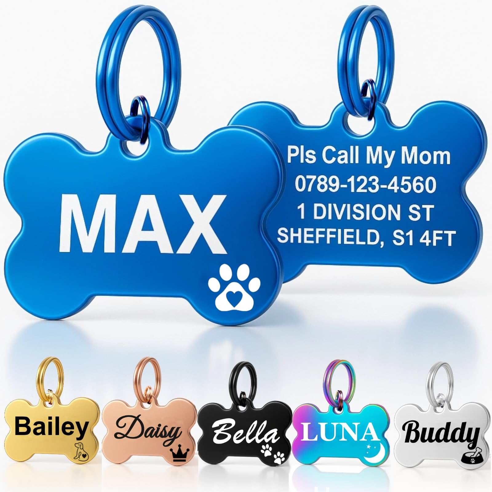 Personalised Dog Tags for Pets UK Prime, Deep Engraved Cat Dog Name ID Tags, Stainless Steel Pet Tag for Doggy Kitten Kitty Puppy, Scratch Resistant Tag (Silver Bone, L)