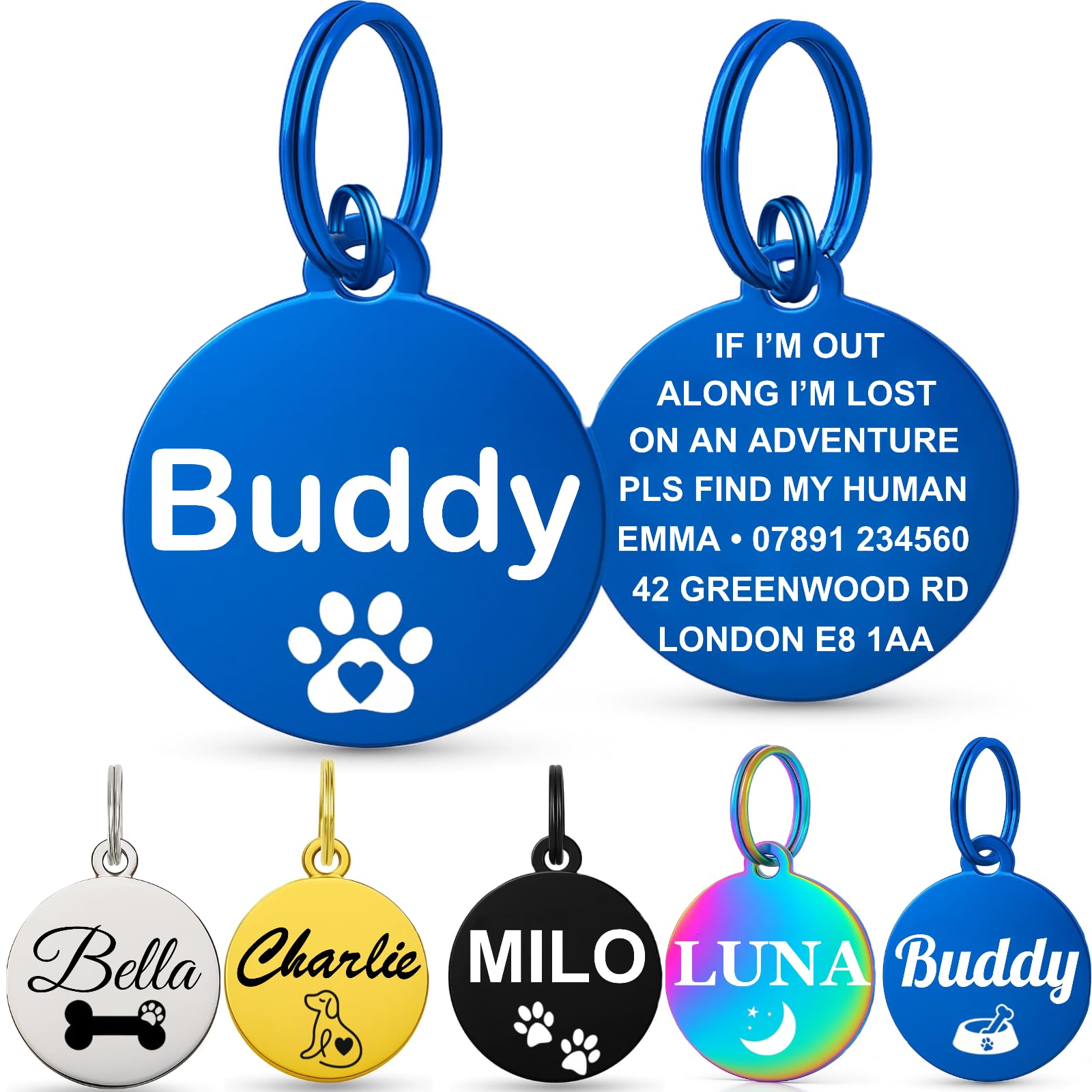 Personalised Dog Tags for Pets UK Prime, Deep Engraved Cat Dog Name ID Tags, Stainless Steel Pet Tag for Doggy Kitten Kitty Puppy, Scratch Resistant Tag (Silver Bone, L)
