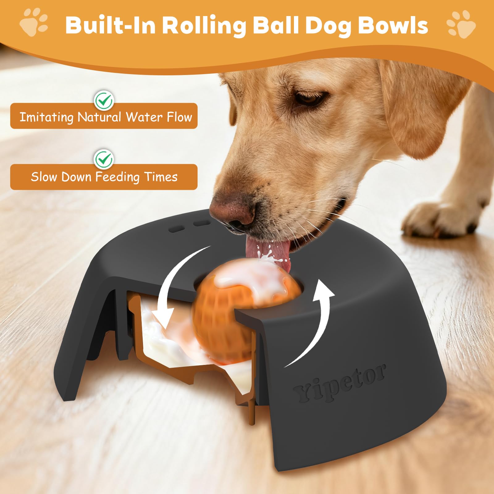 Yipetor Slow Feeder Dog Bowl for Liquid Treat, Anti-Slip【Entertained Ball-in】 Bone Broth Dog Lick Bowl, 3/4 Cup Yogurt Pup Lick Toy for Large Medium Small Breeds Dietary Supplement/Post-op Nutrition