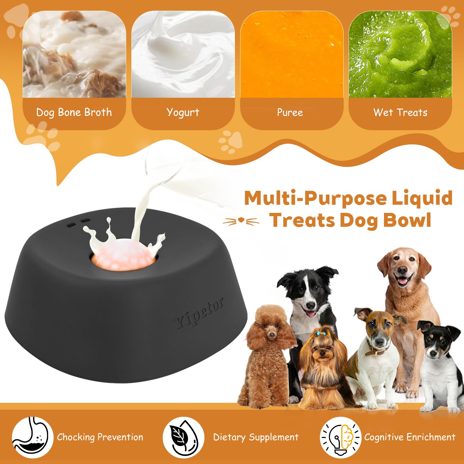 Yipetor Slow Feeder Dog Bowl for Liquid Treat, Anti-Slip【Entertained Ball-in】 Bone Broth Dog Lick Bowl, 3/4 Cup Yogurt Pup Lick Toy for Large Medium Small Breeds Dietary Supplement/Post-op Nutrition