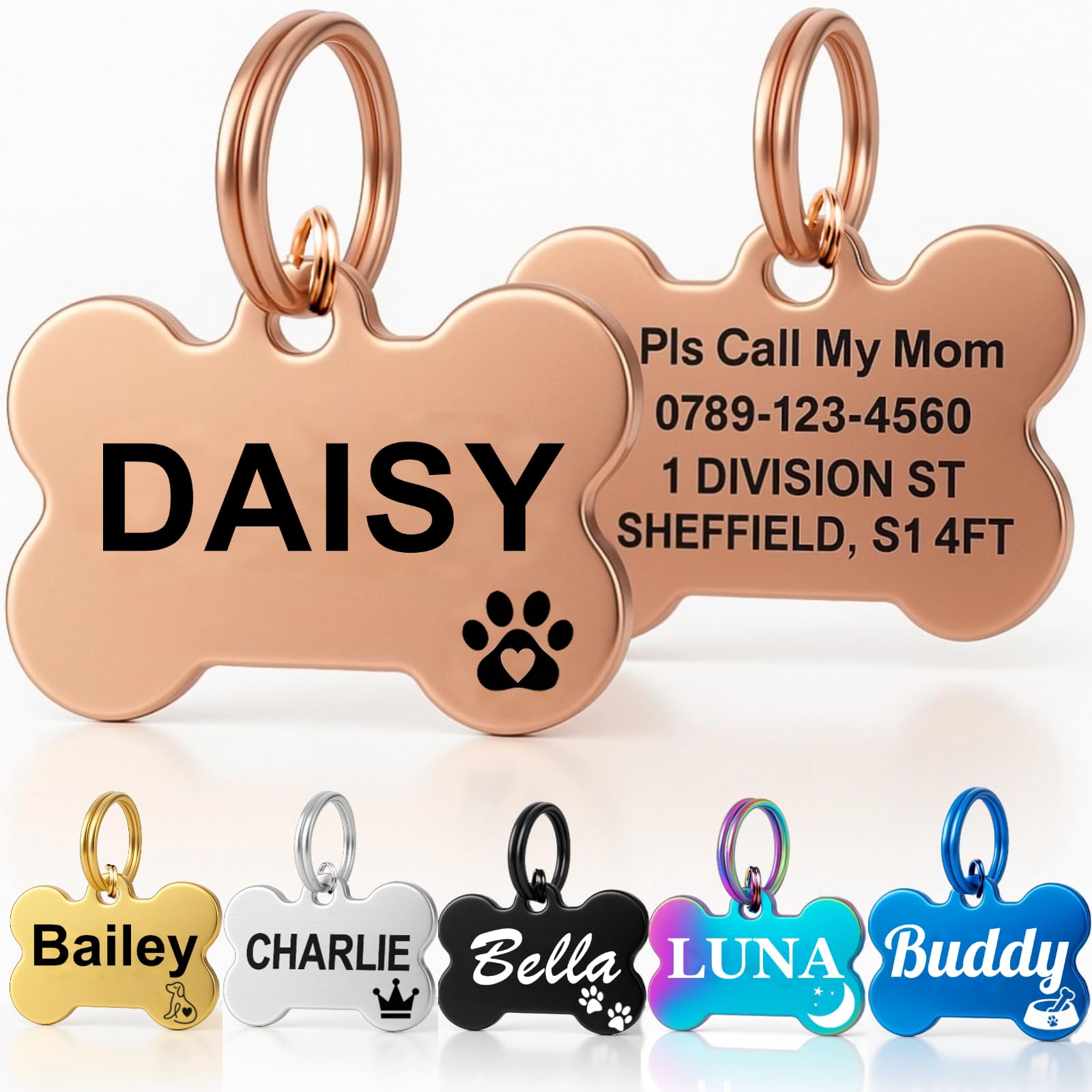Personalised Dog Tags for Pets UK Prime, Deep Engraved Cat Dog Name ID Tags, Stainless Steel Pet Tag for Doggy Kitten Kitty Puppy, Scratch Resistant Tag (Silver Bone, L)