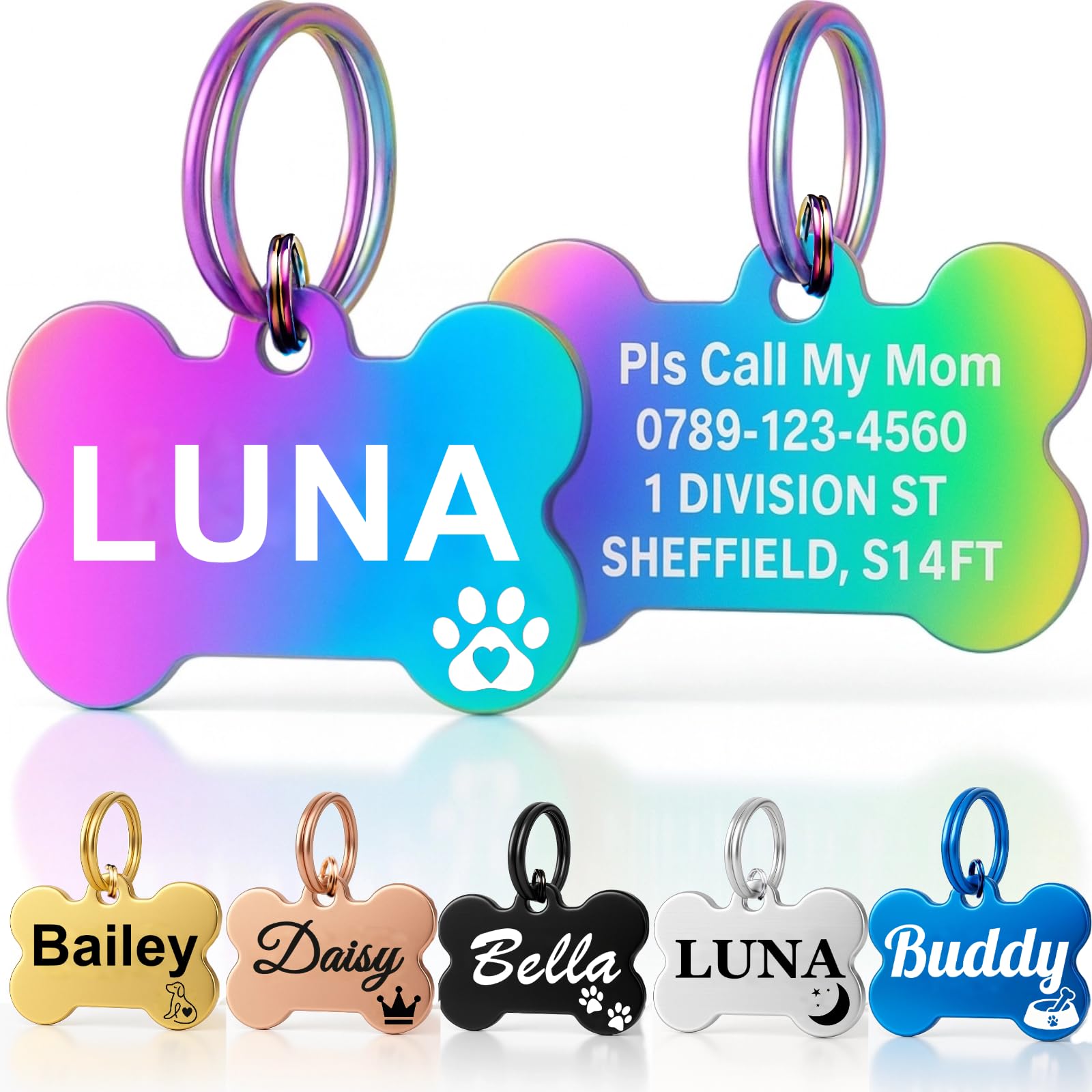 Personalised Dog Tags for Pets UK Prime, Deep Engraved Cat Dog Name ID Tags, Stainless Steel Pet Tag for Doggy Kitten Kitty Puppy, Scratch Resistant Tag (Silver Bone, L)