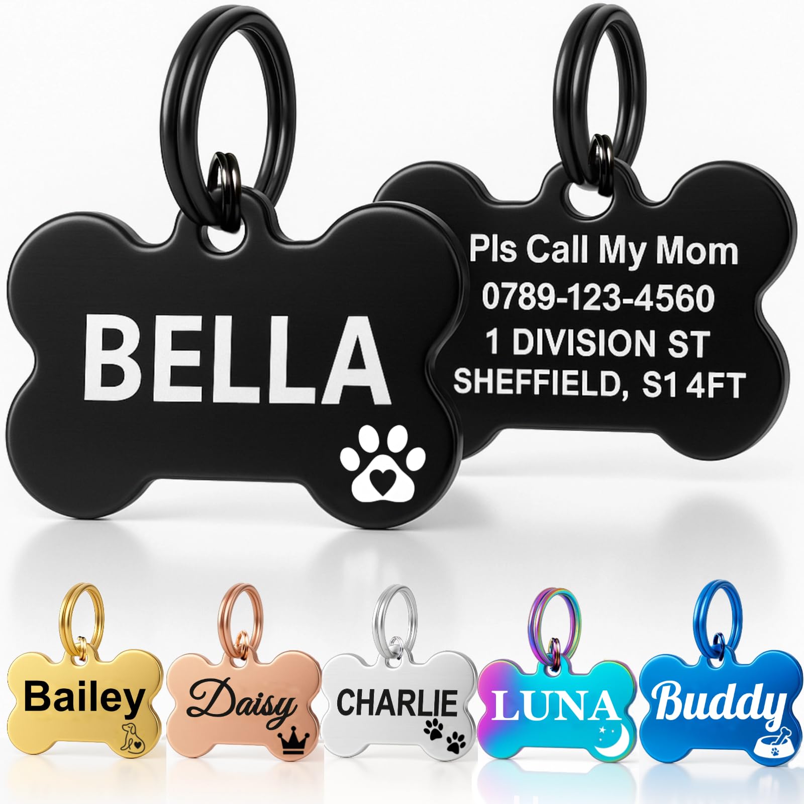 Personalised Dog Tags for Pets UK Prime, Deep Engraved Cat Dog Name ID Tags, Stainless Steel Pet Tag for Doggy Kitten Kitty Puppy, Scratch Resistant Tag (Silver Bone, L)