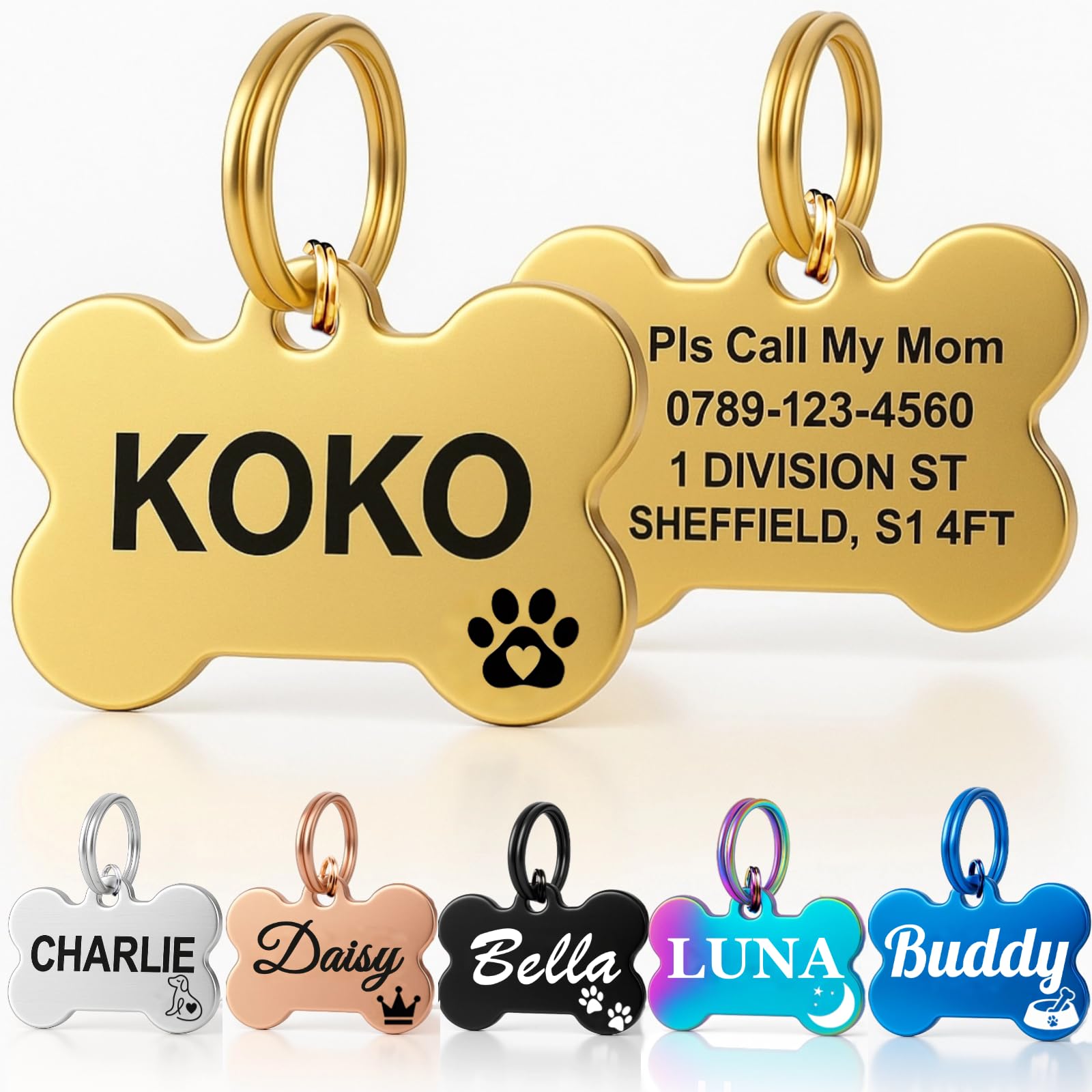Personalised Dog Tags for Pets UK Prime, Deep Engraved Cat Dog Name ID Tags, Stainless Steel Pet Tag for Doggy Kitten Kitty Puppy, Scratch Resistant Tag (Silver Bone, L)